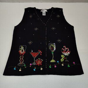 Kikit Christmas Themed Sweater Small Beaded Embroider Sleeveless Maurice Sasson